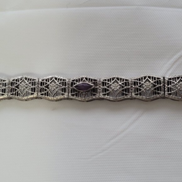 Art Deco Diamond Amethyst Filigree Antique Bracelet 10k White Gold Price is Firm - Picture 15 of 16